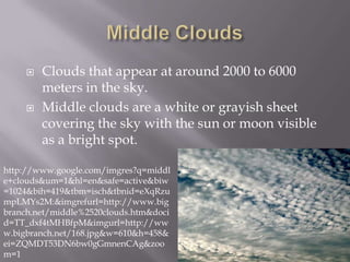    Clouds that appear at around 2000 to 6000
         meters in the sky.
        Middle clouds are a white or grayish sheet
         covering the sky with the sun or moon visible
         as a bright spot.

http://www.google.com/imgres?q=middl
e+clouds&um=1&hl=en&safe=active&biw
=1024&bih=419&tbm=isch&tbnid=eXqRzu
mpLMYs2M:&imgrefurl=http://www.big
branch.net/middle%2520clouds.htm&doci
d=TT_dxf4tMHBfpM&imgurl=http://ww
w.bigbranch.net/168.jpg&w=610&h=458&
ei=ZQMDT53DN6bw0gGmnenCAg&zoo
m=1
 