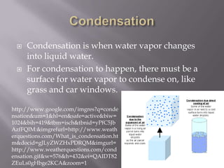    Condensation is when water vapor changes
     into liquid water.
    For condensation to happen, there must be a
     surface for water vapor to condense on, like
     grass and car windows.

http://www.google.com/imgres?q=conde
nsation&um=1&hl=en&safe=active&biw=
1024&bih=419&tbm=isch&tbnid=yPfC5Jb
AzfFQIM:&imgrefurl=http://www.weath
erquestions.com/What_is_condensation.ht
m&docid=gJLyZWZHxPDRQM&imgurl=
http://www.weatherquestions.com/cond
ensation.gif&w=576&h=432&ei=QAIDT82
ZEuLs0gHbge2KCA&zoom=1
 