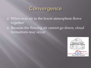  When ever air in the lower atmosphere flows
together
 Because the flowing air cannot go down, cloud
formations may occur
 