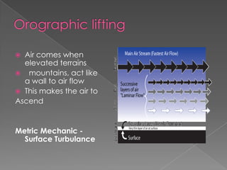  Air comes when
  elevated terrains
 mountains, act like
  a wall to air flow
 This makes the air to
Ascend


Metric Mechanic -
  Surface Turbulance
 