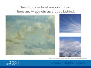 The clouds in front are cumulus.
There are wispy cirrus clouds behind.

Photos: Lisa Gardiner (top) Olga and Sergei Kuznetsov (bottom)

 