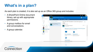 What’s in a plan?
As each plan is created, it is also set up as an Office 365 group and includes:
• A SharePoint Online document
library, set up with appropriate
permissions.
• A group mailbox for email
and conversations.
• A group calendar.
12
 