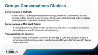 Groups Conversations Choices
Conversations in Outlook:
• Shared Inbox – For email conversations between your members. This inbox has an email
address and can be set to accept messages from people outside the group and even outside
your organization, much like a traditional distribution list.
Conversations in Microsoft Teams:
• A persistent chat board where you can have informal, real-time, conversations around very
focused topics or specific sub-groups within the group.
**Conversations in Yammer:
• Newsfeed based conversation. Yammer is the only app in O365 that allows you to have a
conversation with the entire company outside of an email forwarded to “company all”. Beware
reply all storms 
COMPANY CONFIDENTIAL—SUBJECT TO NDA C000000-0616 26
 