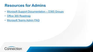 Resources for Admins
• Microsoft Support Documentation – O365 Groups
• Office 365 Roadmap
• Microsoft Teams Admin FAQ
35
 
