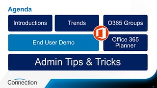 Agenda
8
Admin Tips & Tricks
End User Demo
Introductions Trends
Office 365
Planner
O365 Groups
 