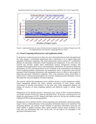 International Journal of Computer Science & Engineering Survey (IJCSES) Vol.5, No.4, August 2014 
Figure 3. experimental results on access fail rate and access response time as a function of logon users with 
45 
the implementation of the dynamic scaling algorithm on a cloud 
6.3. Cloud Computing Infrastructure and Application Study 
Ye & Qu have conducted research to detect the close relationship between IaaS and applications 
[8]. They propose a cloud-based infrastructure that is optimized so as to support large-scale 
agriculture information computing. This cloud infrastructure mainly consists of a virtualization 
platform for agriculture information Cloud Computing and management. At the same time, the 
research also provides insights about market-based resource management strategies that 
encompass both customer-drive service and management. Furthermore, the research evaluates the 
performances of CPU and Internet-based service workloads in the environment of the proposed 
Cloud Computing platform infrastructure and management service. Experiments show that the 
proposed Cloud Computing infrastructure and management service is effective and essential for 
large-scale agriculture information computing. Also, it has presented various cloud efforts in 
practice from a market-oriented perspective to reveal the emerging potential third-party services 
that enable the successful adoption of Cloud Computing. 
The research indicate that management service platform furnish a overall management module. 
Cloud management platform can reflect working environment of cloud system, include 
environment of software and hardware. At the same time, cloud management platform can 
manage all resource of cloud computing platform and effectively assign it, include virtual 
machine. 
Management service platform furnish a monitoring server. Figure 4 shows monitoring platform 
can monitor amount of total CPU, Hosts up and Hosts down. At the time, monitoring server can 
display the using instance of CPU, Memory and Nodes, and so on. We also can calculate average 
workload of CPU by this monitoring-platform. 
Management service platform furnish a cloud computing center performance monitoring module. 
Figure 5 shows overall performance of the agriculture information cloud can be monitored. This 
monitoring platform can monitor overall workload of agriculture information cloud and real 
timely display in graphics interface. Once system manager monitor system workload is very 
scale, they can immediately deal with. At the time, we can improve the throughput of the 
agriculture information cloud. 
 