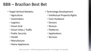  Target Vertical Markets:
Agriculture
Automakers
Logistics
Smart Grid
Smart Cities / Traffic
Public Security
Health
Manufacture
Home Appliances
Flávio Lenz Cesar – WCN & Cloudscape Brazil 2016 – Porto Alegre, 7th July 2016
 Technology Development:
Intellectual Property Rights
Core Hardware
Sensors
Devices
Platforms
Applications
Services
 