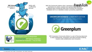 53© Copyright 2013 EMC Corporation. All rights reserved.
Atmos 2.0 Evaluation Edition. A pre-populated and
pre-configured set of VM's for integration and
evaluation of Atmos in non-production
environments.
EMC Atmos combines massive scalability with
automated data placement to help you efficiently
deliver content and information services
anywhere in the world
EMC Greenplum Community Edition is a set of free big data tools
to data professionals, developers and data scientists enabling
industry-wide collaboration and innovation.
With the Community Edition stack, developers can build complex
applications to collect, analyze and operationalize big data
leveraging best of breed big data tools including the Greenplum
Database with its in-database analytic processing capabilities.
 