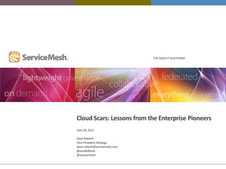 THE AGILE IT PLATFORM




Cloud Scars: Lessons from the Enterprise Pioneers
June 28, 2011

Dave Roberts
Vice-President, Strategy
dave.roberts@servicemesh.com
@sandhillstrat
@servicemesh
 