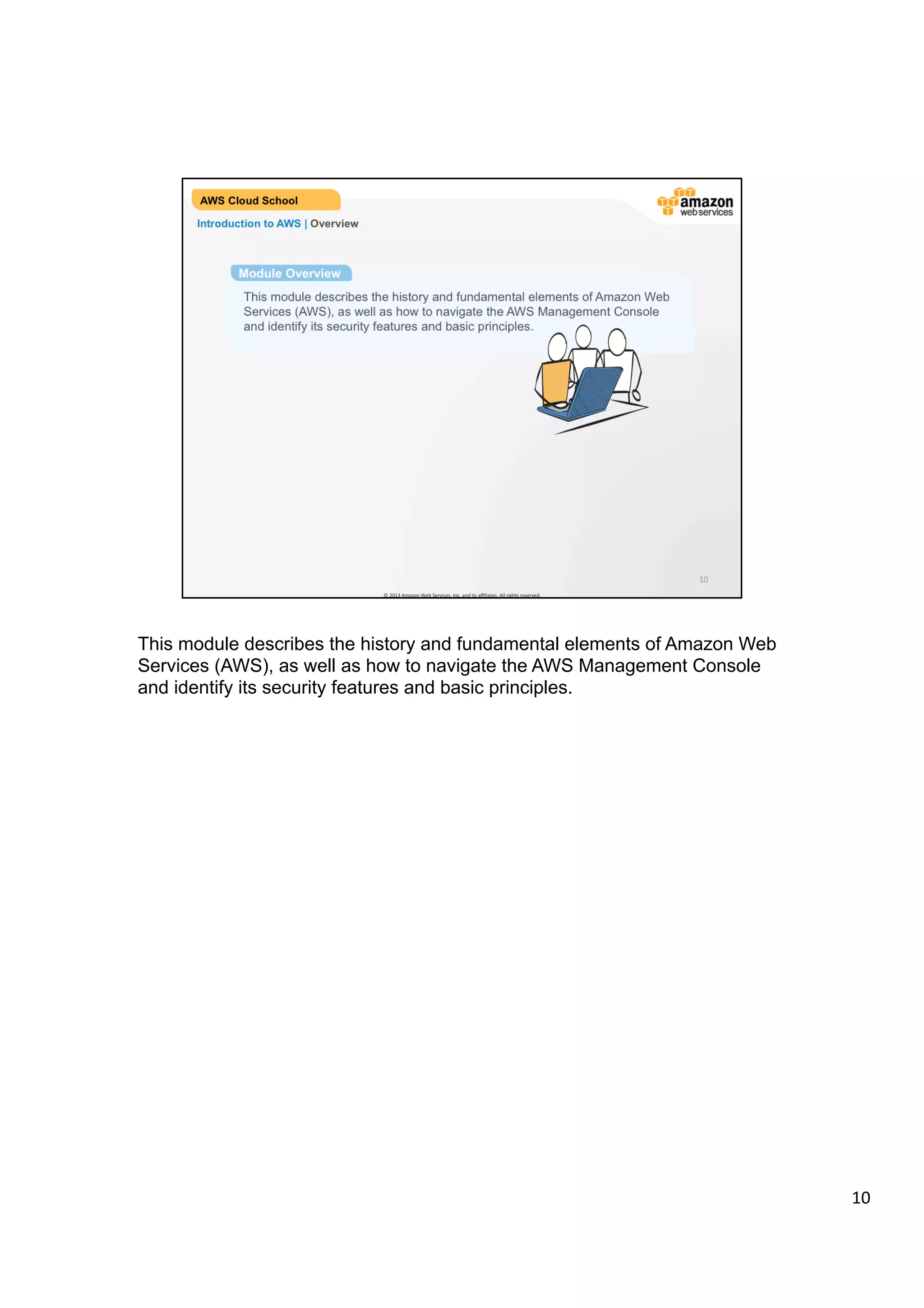 ©	
  2013,	
  2014	
  Amazon	
  Web	
  Services,	
  Inc.	
  and	
  its	
  aﬃliates.	
  All	
  rights	
  reserved.	
  
AWS Cloud School Training and
Certification
Introduction to AWS | Overview
Module Overview
This module describes the history and fundamental elements of Amazon
Web Services (AWS), as well as how to navigate the AWS Management
Console. It discusses the AWS Global Infrastructure, security measures
provided by AWS and basic principles of deploying on AWS.
 