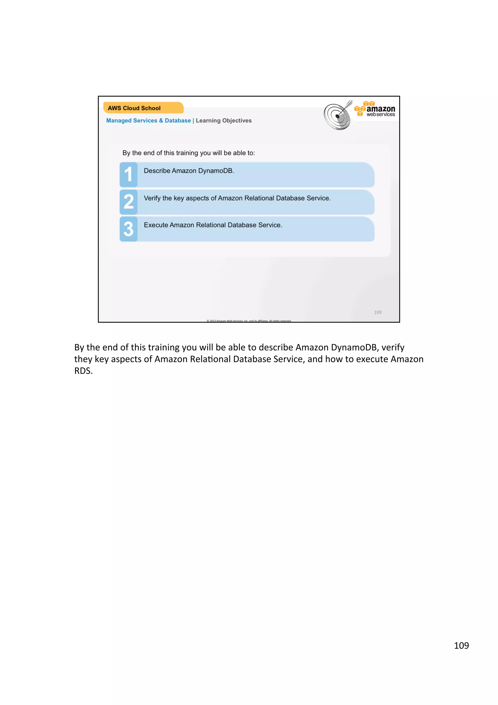 ©	
  2013,	
  2014	
  Amazon	
  Web	
  Services,	
  Inc.	
  and	
  its	
  aﬃliates.	
  All	
  rights	
  reserved.	
  
AWS Cloud School Training and
Certification
Compute Services & Networking | Elastic Load Balancing (ELB)
Elastic
Load
Balancing
Supports the routing and load balancing of HTTP,
HTTPS, and TCP traffic to Amazon EC2 instances
Dynamically grows and
shrinks required resources
based on traffic
Supports health checks
to ensure detect and
remove failing instances
 