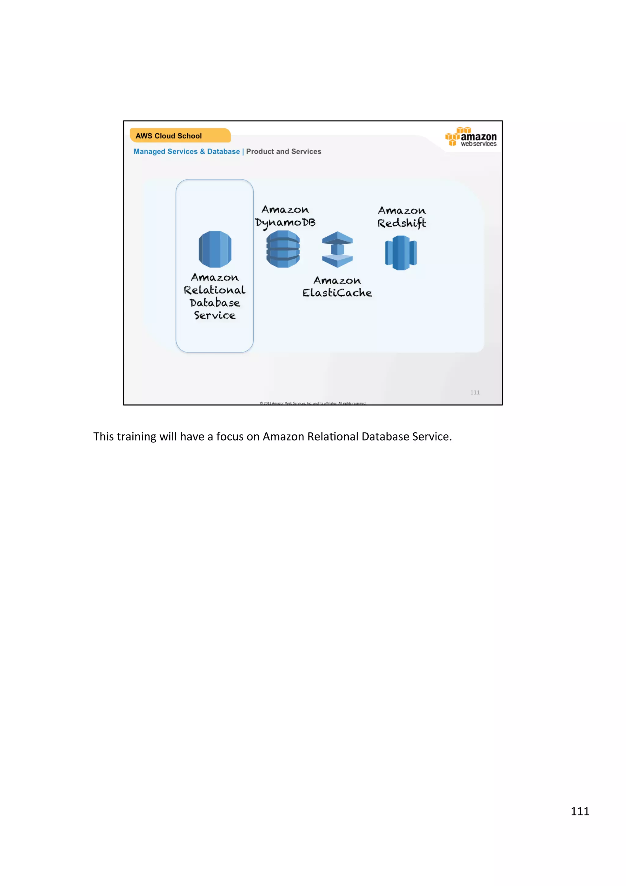 ©	
  2013,	
  2014	
  Amazon	
  Web	
  Services,	
  Inc.	
  and	
  its	
  aﬃliates.	
  All	
  rights	
  reserved.	
  
AWS Cloud School Training and
Certification
Training and
Certification
Elastic Load Balancing : Demo
 