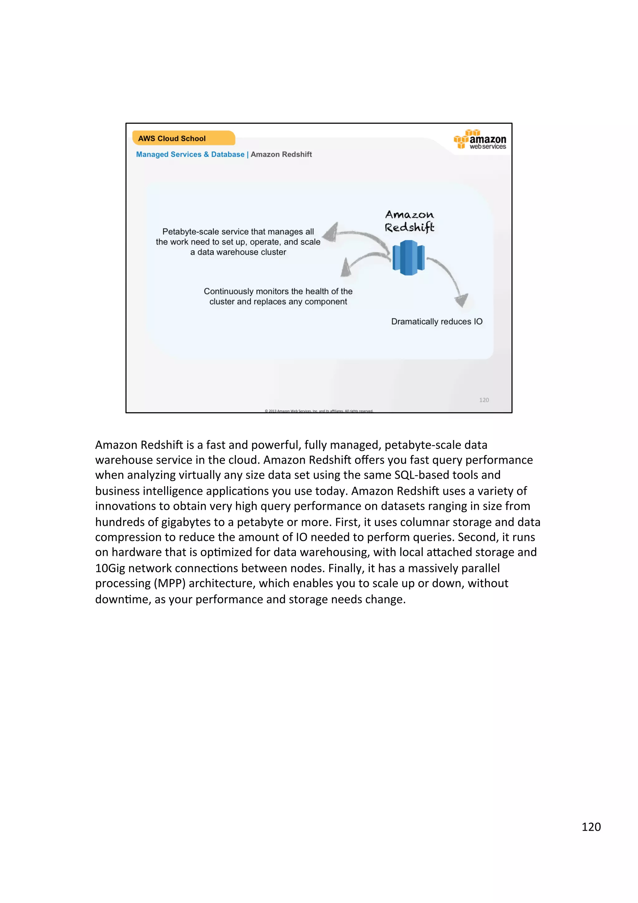 ©	
  2013,	
  2014	
  Amazon	
  Web	
  Services,	
  Inc.	
  and	
  its	
  aﬃliates.	
  All	
  rights	
  reserved.	
  
AWS Cloud School Training and
Certification
Managed Services & Database | Amazon Relational Database Service
Cost-efficient and resizable capacity
Access to the full capabilities of familiar MySQL,
PostgreSQL, Oracle and SQL Server databases
Manages time-consuming
database administration tasks
Amazon
Relational
Database
Service
 