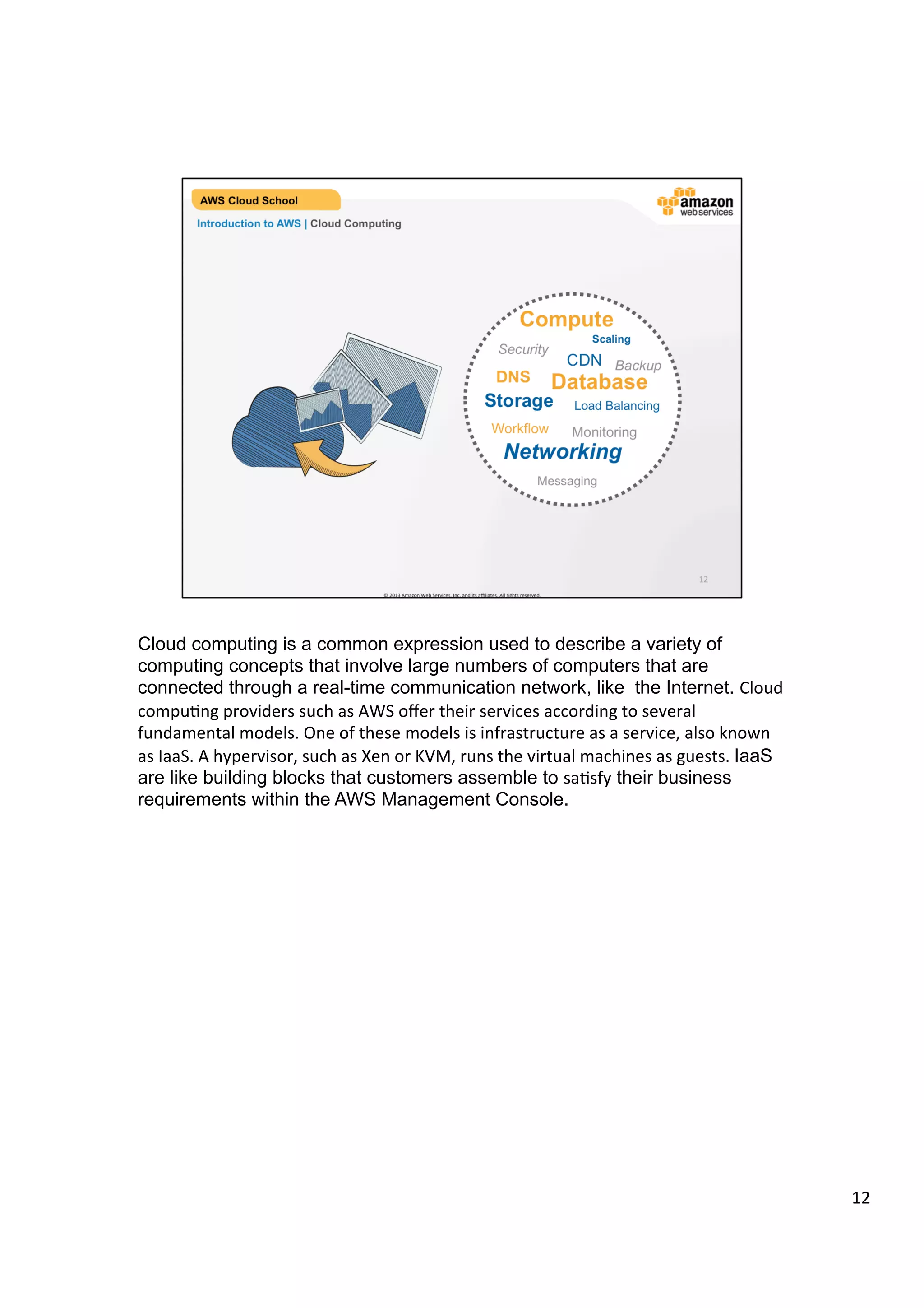 ©	
  2013,	
  2014	
  Amazon	
  Web	
  Services,	
  Inc.	
  and	
  its	
  aﬃliates.	
  All	
  rights	
  reserved.	
  
AWS Cloud School Training and
Certification
Introduction to AWS | Cloud Computing
Compute
Storage
Security
Scaling
Database
Networking
Monitoring
Messaging
Workflow
DNS
Load Balancing
BackupCDN
 