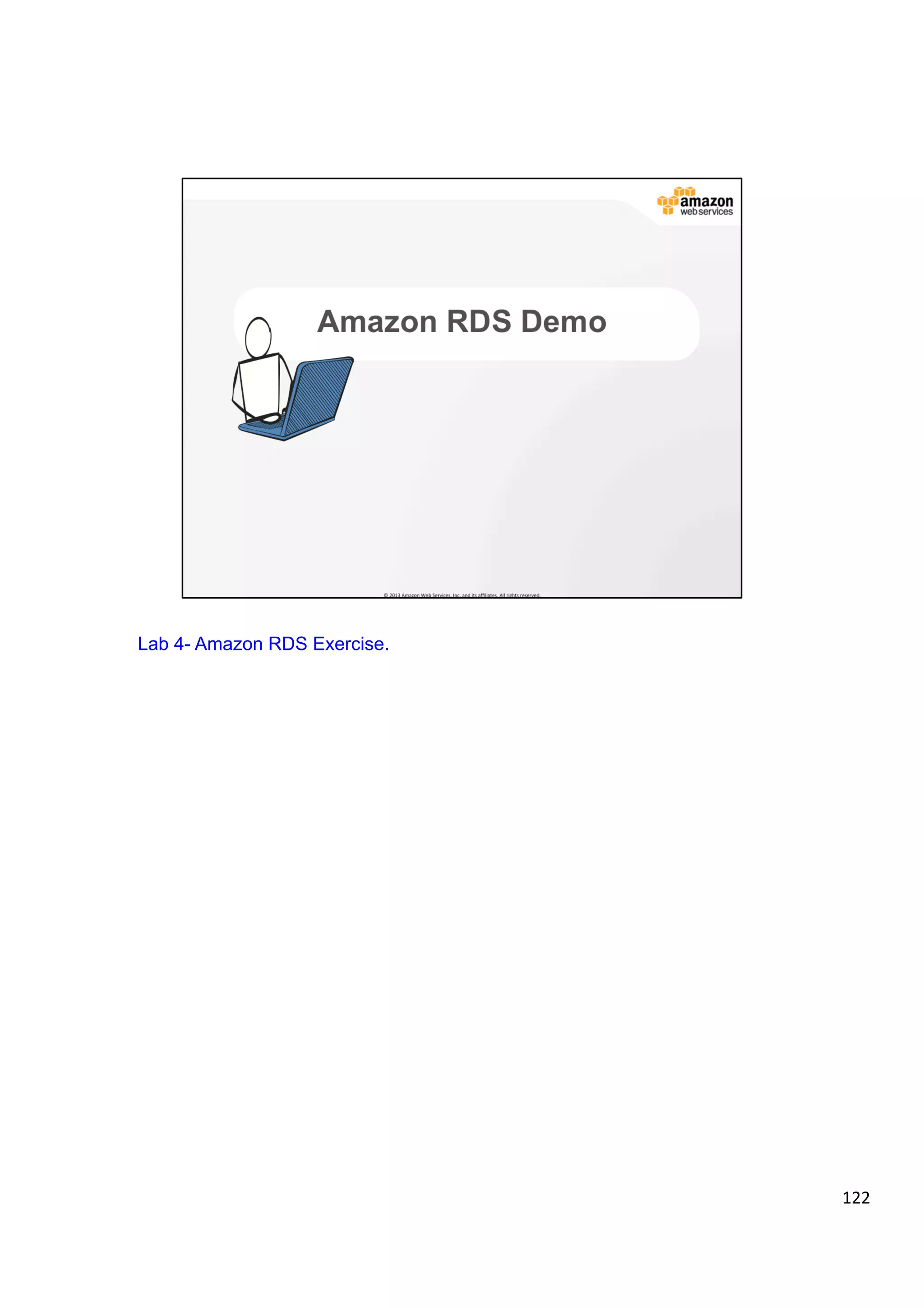 ©	
  2013,	
  2014	
  Amazon	
  Web	
  Services,	
  Inc.	
  and	
  its	
  aﬃliates.	
  All	
  rights	
  reserved.	
  
AWS Cloud School Training and
Certification
Managed Services & Database | Amazon RDS & VPC
Amazon RDS & VPC
!  You can select your own IP address range.
!  Create subnets, and configure routing and access control lists.
!  The basic functionality of Amazon RDS is the same whether it is running in a
VPC or not: Amazon RDS manages backups, software patching, automatic
failure detection, and recovery.
!  There is no additional cost to run your DB instance in a VPC.
 