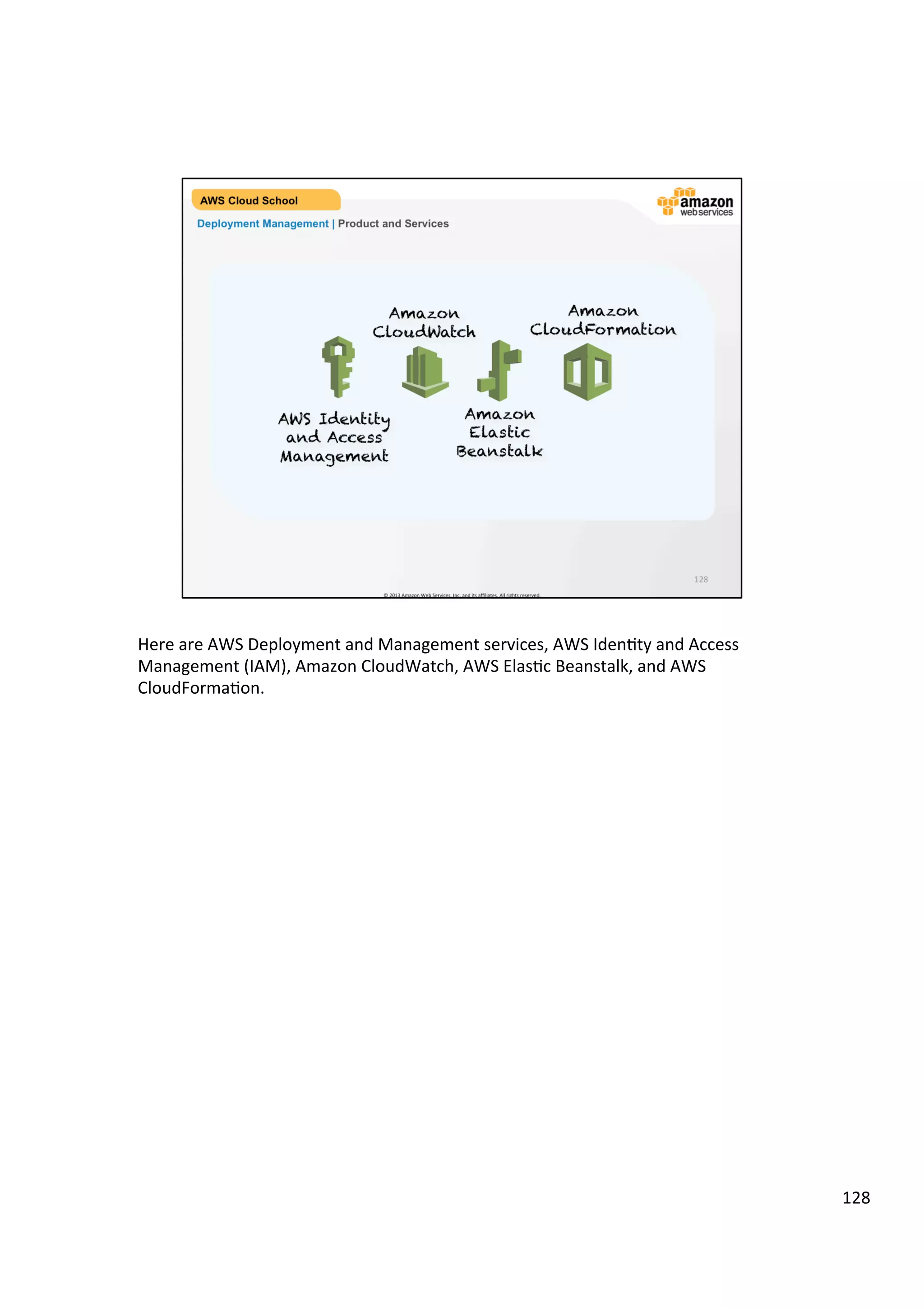 ©	
  2013,	
  2014	
  Amazon	
  Web	
  Services,	
  Inc.	
  and	
  its	
  aﬃliates.	
  All	
  rights	
  reserved.	
  
AWS Cloud School Training and
Certification
Amazon
Redshift
Managed Services & Database | Amazon Redshift
Petabyte-scale service that manages all
the work need to set up, operate, and scale
a data warehouse cluster
Dramatically reduces IO
Continuously monitors the health of the
cluster and replaces any component
 