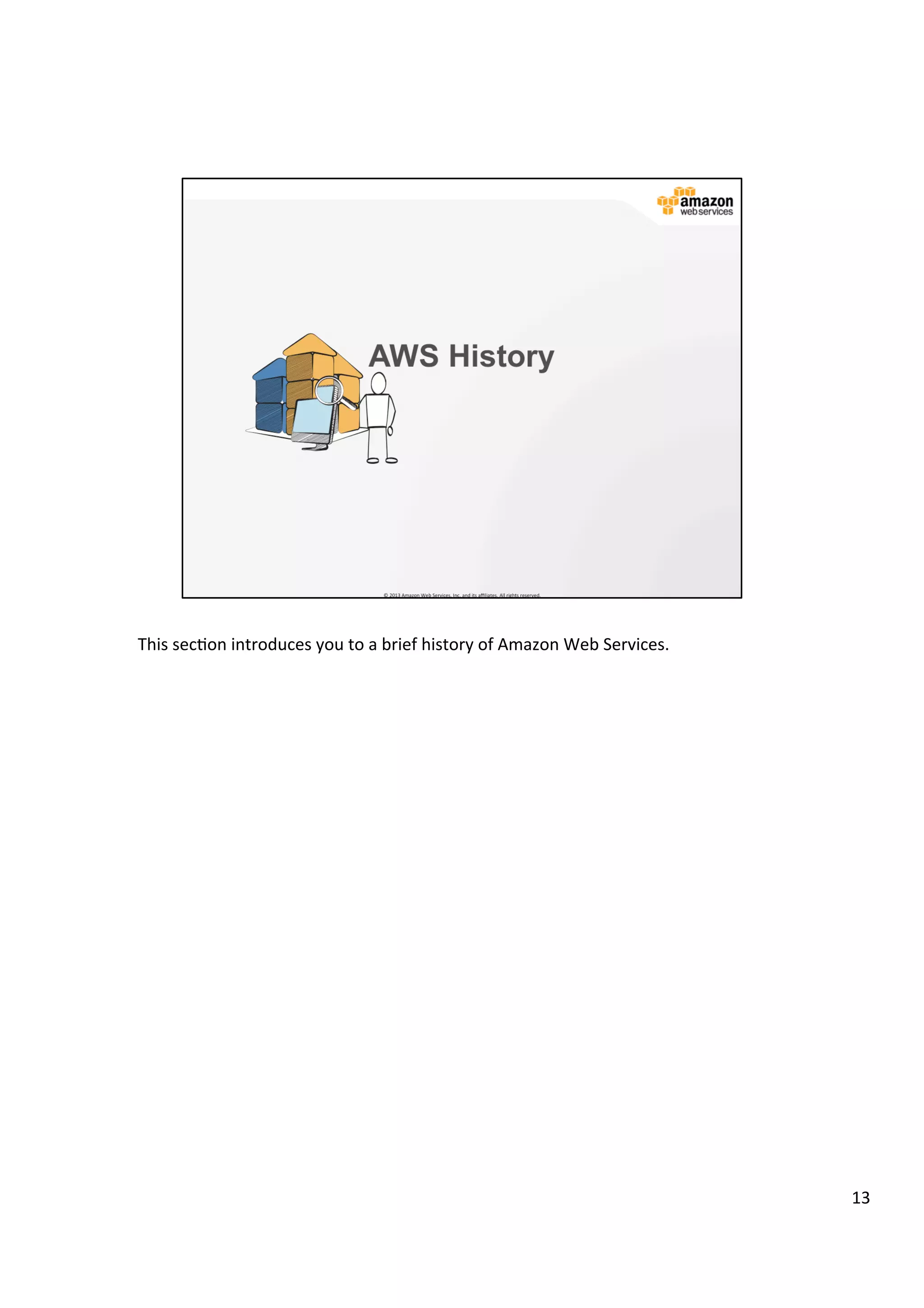 ©	
  2013,	
  2014	
  Amazon	
  Web	
  Services,	
  Inc.	
  and	
  its	
  aﬃliates.	
  All	
  rights	
  reserved.	
  
AWS Cloud School Training and
Certification
Training and
Certification
AWS History
 