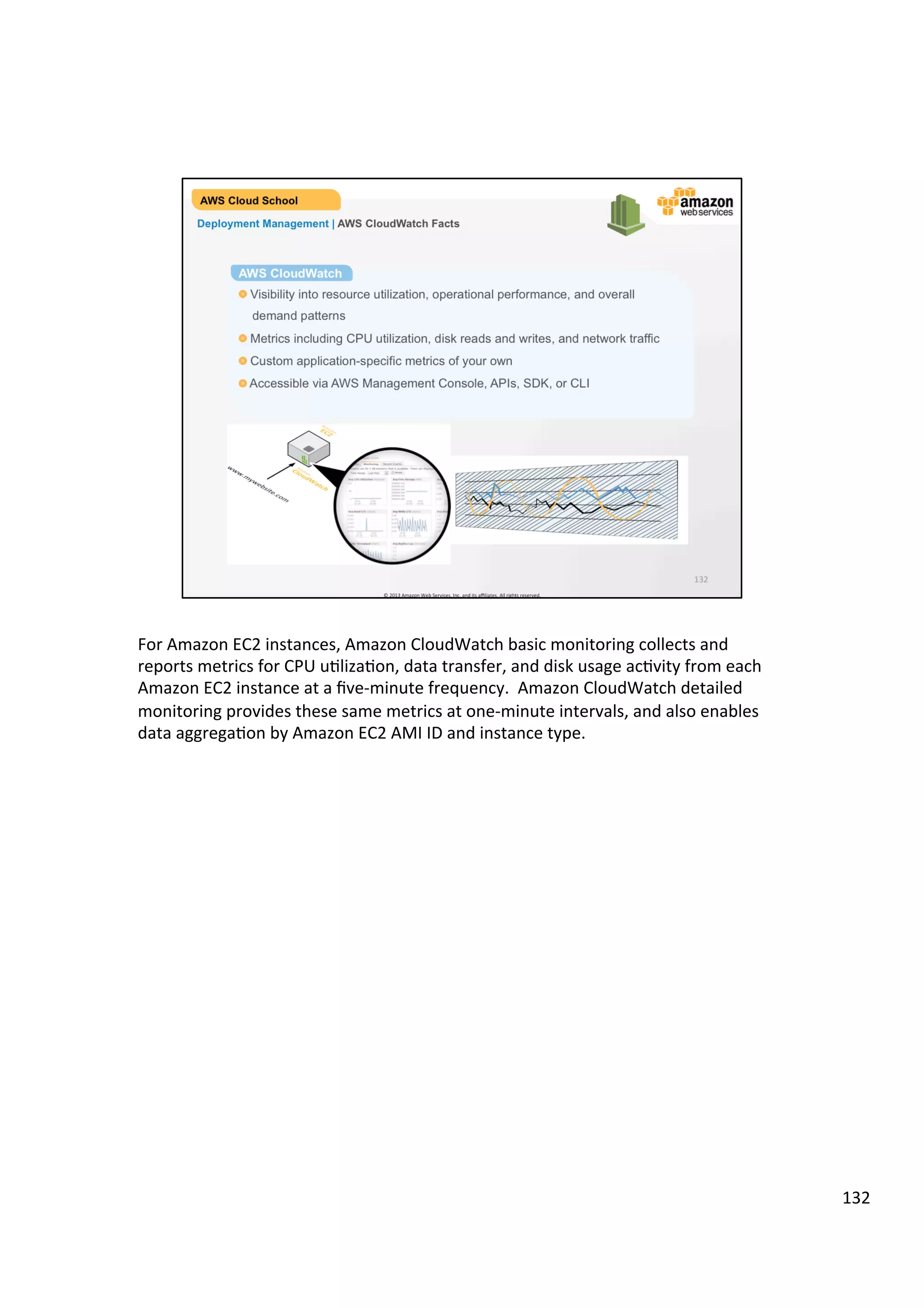 ©	
  2013,	
  2014	
  Amazon	
  Web	
  Services,	
  Inc.	
  and	
  its	
  aﬃliates.	
  All	
  rights	
  reserved.	
  
AWS Cloud School Training and
Certification
Summary
You have reached the end of this training module. In summary, you have learned:
!  Describe Amazon DynamoDB
!  Verify key aspects of Amazon Relational Database Service (RDS)
!  How to execute Amazon RDS
Managed Services & Database | Module Completion
 