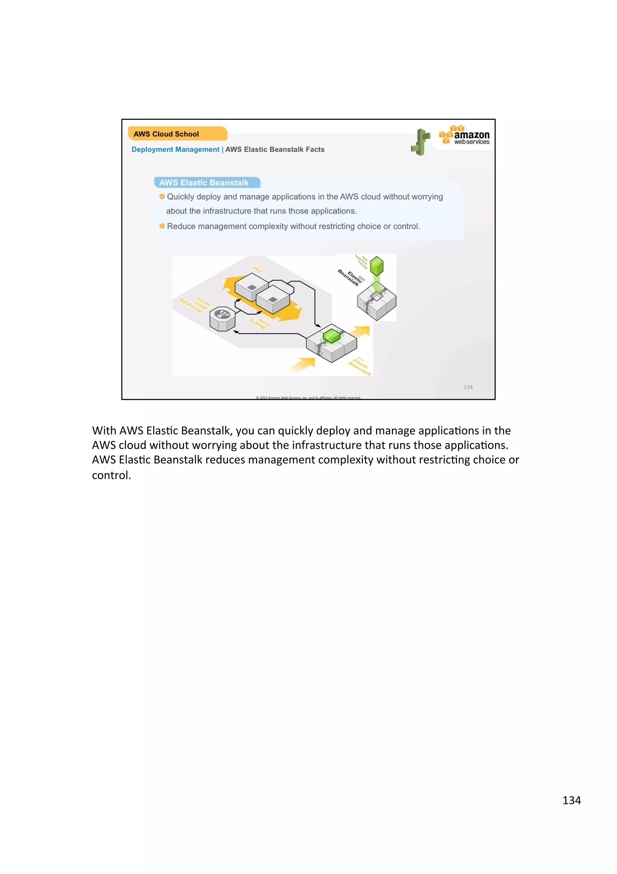 ©	
  2013,	
  2014	
  Amazon	
  Web	
  Services,	
  Inc.	
  and	
  its	
  aﬃliates.	
  All	
  rights	
  reserved.	
  
AWS Cloud School Training and
Certification
Deployment & Management | Overview
Module Overview
This module describes the fundamental elements of AWS Deployment &
Management products and services.
 