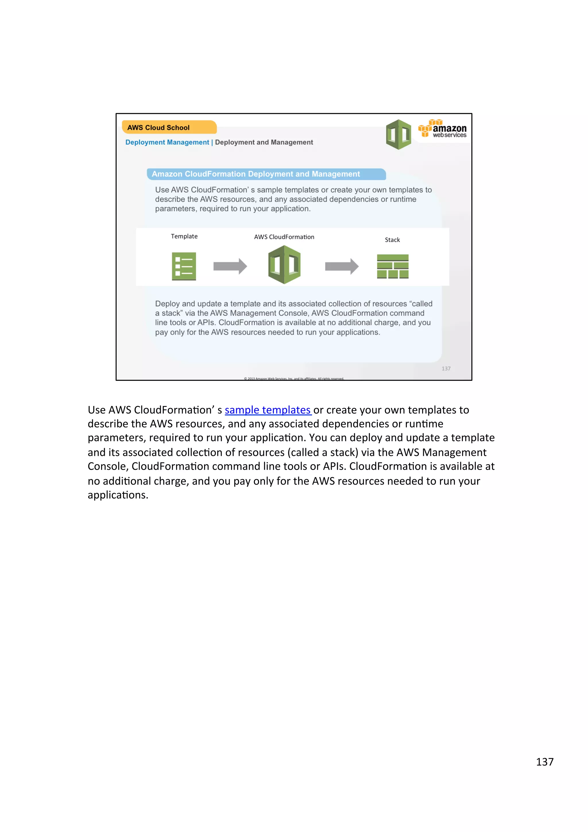 ©	
  2013,	
  2014	
  Amazon	
  Web	
  Services,	
  Inc.	
  and	
  its	
  aﬃliates.	
  All	
  rights	
  reserved.	
  
AWS Cloud School Training and
Certification
Deployment & Management | AWS Identity and Access Management (IAM)
AWS Identity
and Access
Management
(IAM)
Create and manage AWS users and groups
and use permissions to allow and deny their
permissions to AWS resources
Use existing corporate identities to grant
secure access to AWS resources, such as
Amazon S3 buckets, without creating new
AWS identities for those users
Enables identity federation between
your corporate directory and AWS
services
 