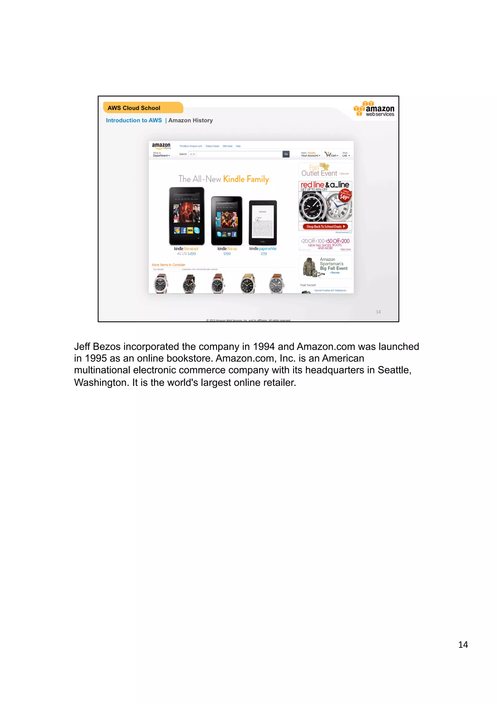 ©	
  2013,	
  2014	
  Amazon	
  Web	
  Services,	
  Inc.	
  and	
  its	
  aﬃliates.	
  All	
  rights	
  reserved.	
  
AWS Cloud School Training and
Certification
Introduction to AWS | Amazon History
1995	
   2006	
   2012	
  
Amazon.com	
  	
  
Launched	
  
Online	
  Bookstore	
   Amazon	
  
Publishing	
  
Kindle	
  
Launched	
  
Amazon	
  
Games	
  
Jeﬀ	
  Bezos	
  
Incorporated	
  
the	
  Company	
  
2007	
  2005	
  1994	
   2013	
  
Amazon	
  Web	
  
Services	
  
Launched	
  
Amazon	
  Art	
  
 