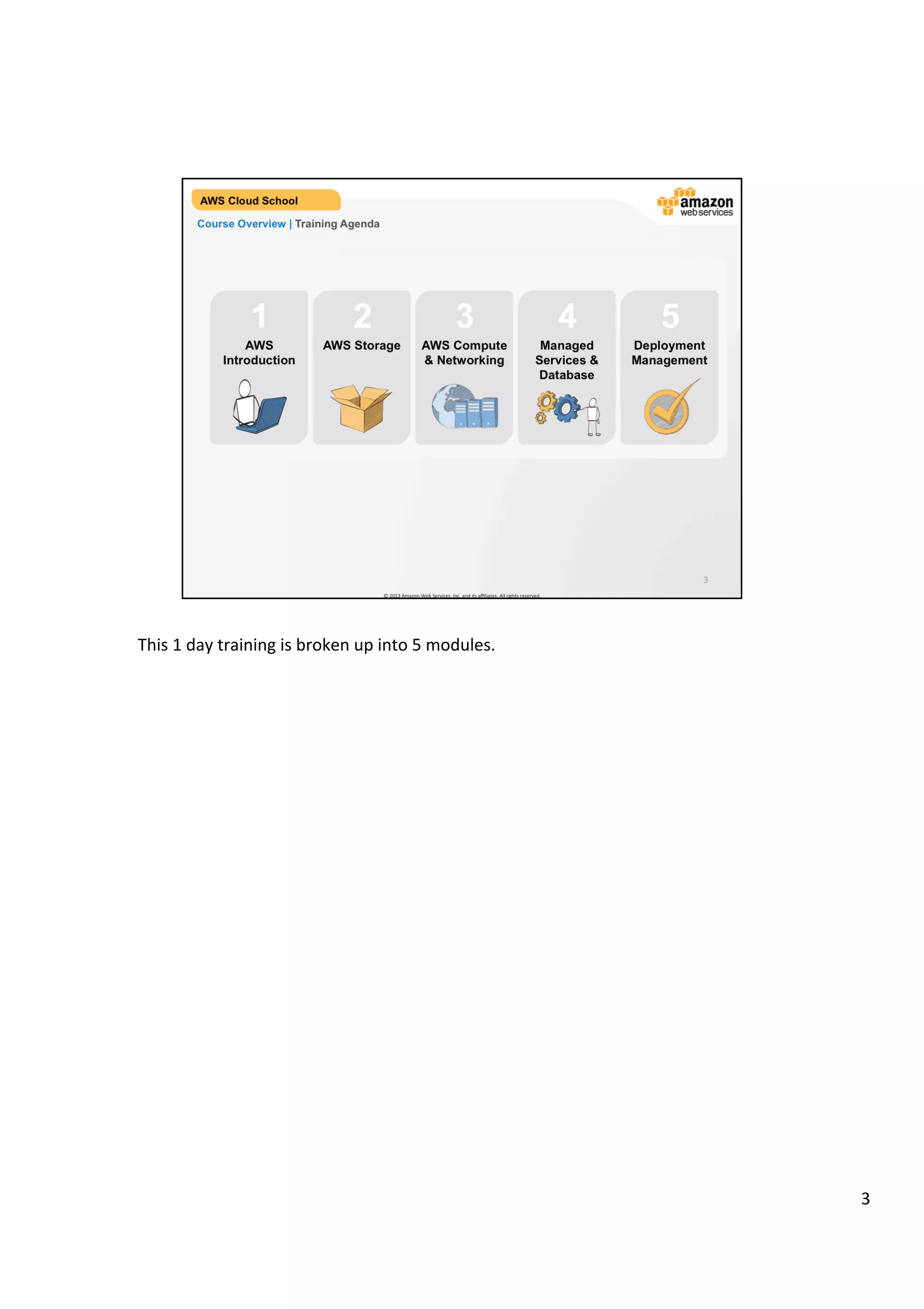 ©	
  2013,	
  2014	
  Amazon	
  Web	
  Services,	
  Inc.	
  and	
  its	
  aﬃliates.	
  All	
  rights	
  reserved.	
  
AWS Cloud School Training and
Certification
Course Overview | Training Agenda
AWS
Introduction
1
AWS Storage
2
AWS Compute
& Networking
3
Deployment &
Management
5
Managed
Services &
Database
4
 