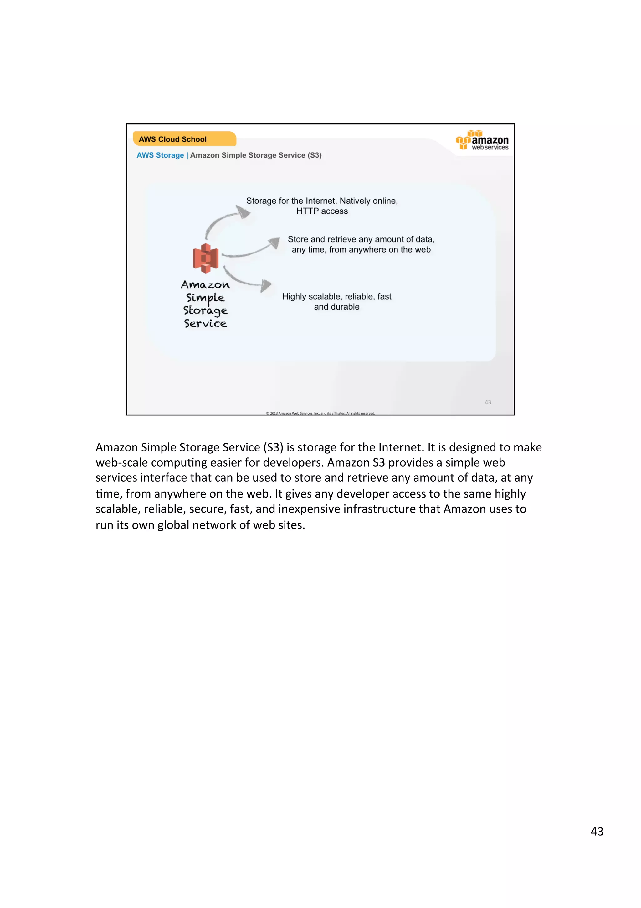 ©	
  2013,	
  2014	
  Amazon	
  Web	
  Services,	
  Inc.	
  and	
  its	
  aﬃliates.	
  All	
  rights	
  reserved.	
  
AWS Cloud School Training and
Certification
AWS Storage | Amazon Simple Storage Service (S3)
Storage for the Internet. Natively online,
HTTP access
Store and retrieve any amount of data,
any time, from anywhere on the web
Highly scalable, reliable, fast
and durable
Amazon
Simple
Storage
Service
 