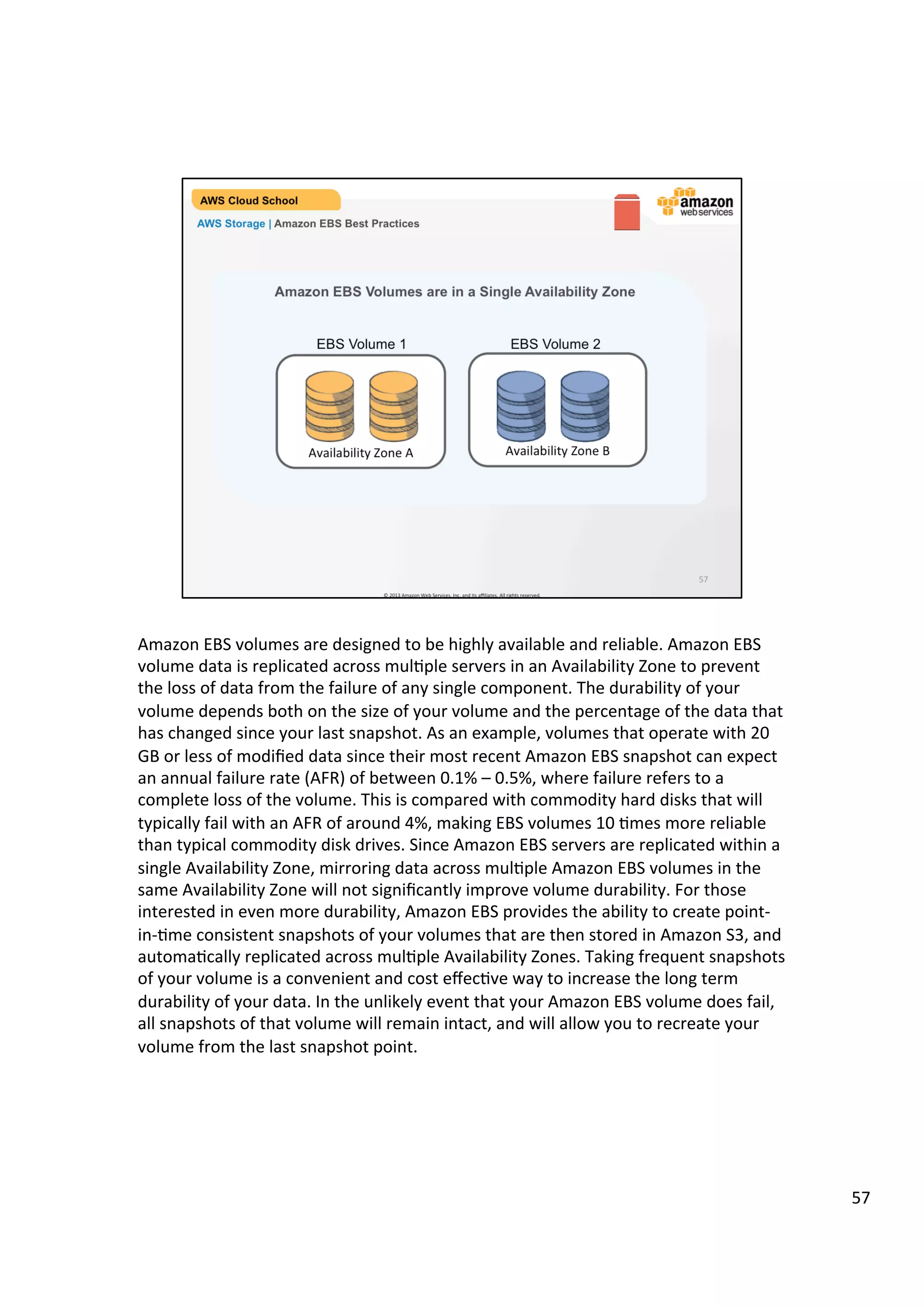©	
  2013,	
  2014	
  Amazon	
  Web	
  Services,	
  Inc.	
  and	
  its	
  aﬃliates.	
  All	
  rights	
  reserved.	
  
AWS Cloud School Training and
Certification
AWS Storage | Amazon EBS Best Practices
Amazon EBS Volumes are in a Single Availability Zone
Availability	
  Zone	
  A	
  
EBS Volume 1
Availability	
  Zone	
  B	
  
EBS Volume 2
Volume data is replicated across multiple servers in an Availability Zone.
 