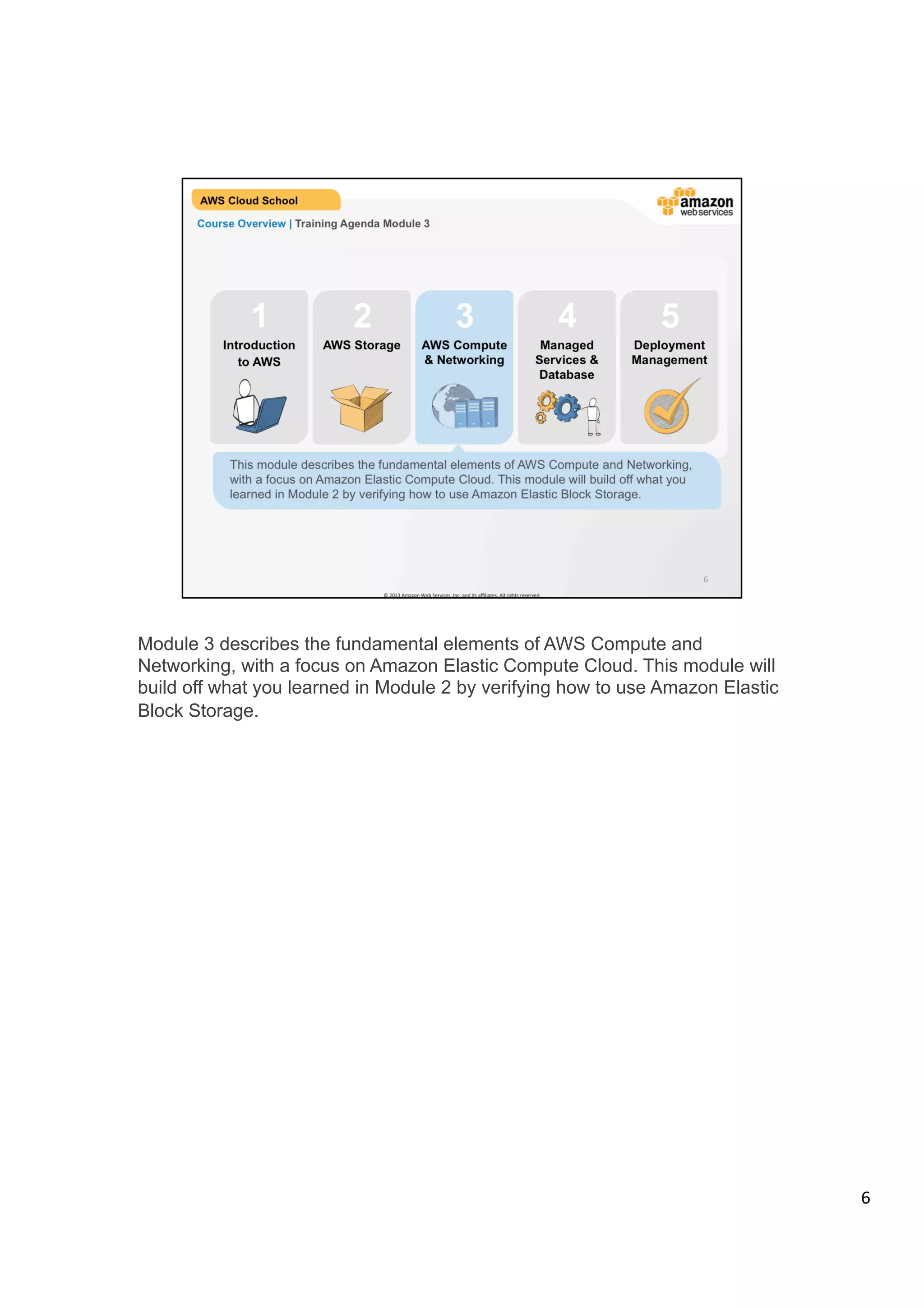 ©	
  2013,	
  2014	
  Amazon	
  Web	
  Services,	
  Inc.	
  and	
  its	
  aﬃliates.	
  All	
  rights	
  reserved.	
  
AWS Cloud School Training and
Certification
1 2 3 54
This module describes the fundamental elements of AWS Compute and Networking,
with a focus on Amazon Elastic Compute Cloud (EC2). This module will build off
what you learned in Module 2 by verifying how to use Amazon Elastic Block Storage.
AWS Compute
& Networking
AWS Storage Managed
Services &
Database
Deployment &
Management
Course Overview | Training Agenda Module 3
Introduction
to AWS
 