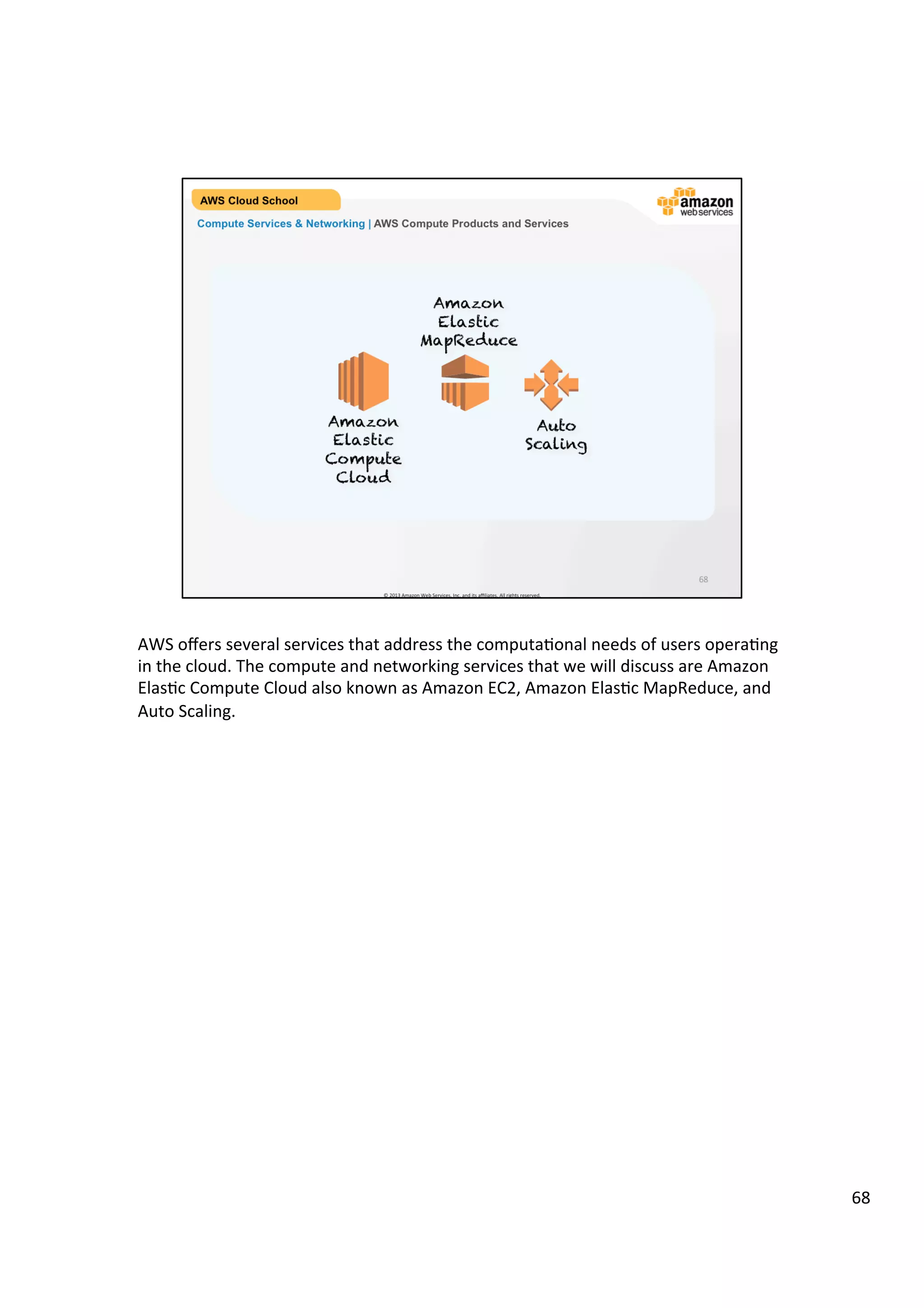 ©	
  2013,	
  2014	
  Amazon	
  Web	
  Services,	
  Inc.	
  and	
  its	
  aﬃliates.	
  All	
  rights	
  reserved.	
  
AWS Cloud School Training and
Certification
Compute Services & Networking | Overview
Module Overview
This module describes the fundamental elements of AWS Compute and
Networking, with a focus on Amazon Elastic Compute Cloud (EC2). This
module will build off what you learned in Module 2 by verifying how to use
Amazon Elastic Block Storage.
 