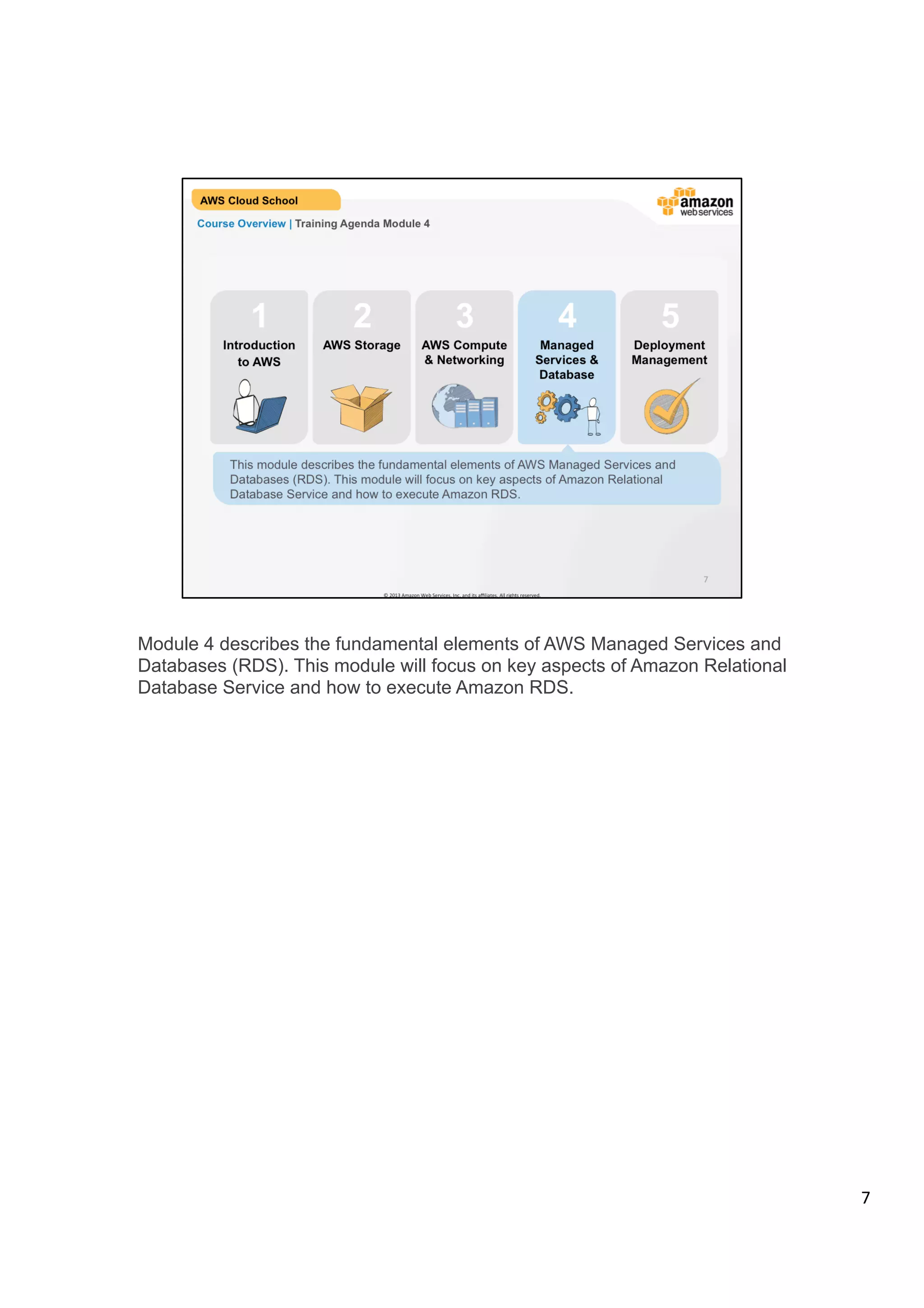 ©	
  2013,	
  2014	
  Amazon	
  Web	
  Services,	
  Inc.	
  and	
  its	
  aﬃliates.	
  All	
  rights	
  reserved.	
  
AWS Cloud School Training and
Certification
1 2 3 54
This module describes the fundamental elements of AWS Managed Services and
Databases. This module will focus on key aspects of Amazon Relational Database
Service (RDS) and how to execute Amazon RDS.
Managed
Services &
Database
AWS Storage AWS Compute
& Networking
Deployment &
Management
Course Overview | Training Agenda Module 4
Introduction
to AWS
 