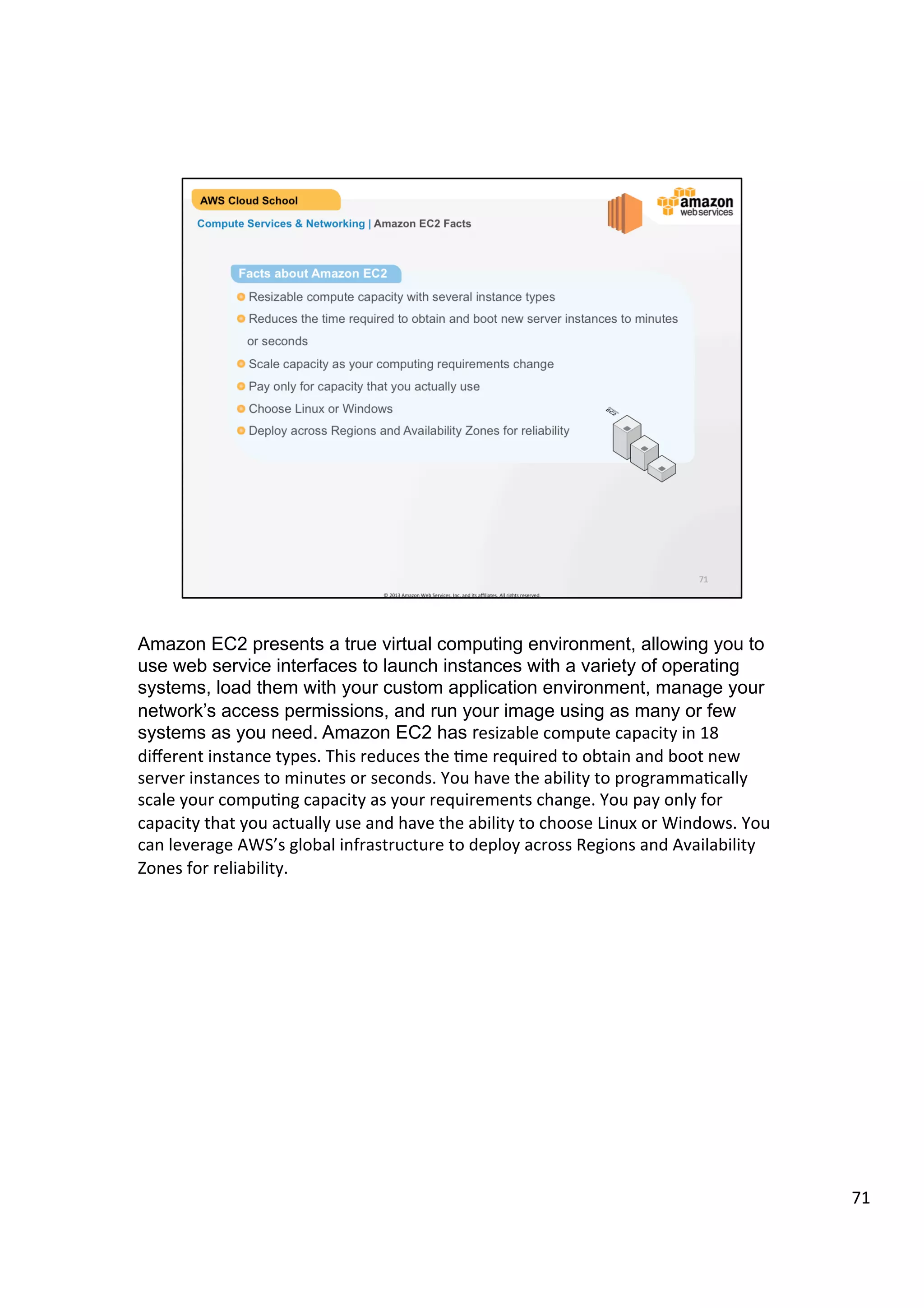 ©	
  2013,	
  2014	
  Amazon	
  Web	
  Services,	
  Inc.	
  and	
  its	
  aﬃliates.	
  All	
  rights	
  reserved.	
  
AWS Cloud School Training and
Certification
Compute Services & Networking | AWS Compute Products and Services
Amazon Elastic
Compute Cloud
(EC2)
Amazon Elastic
MapReduce
(EMR)
Auto
Scaling
 