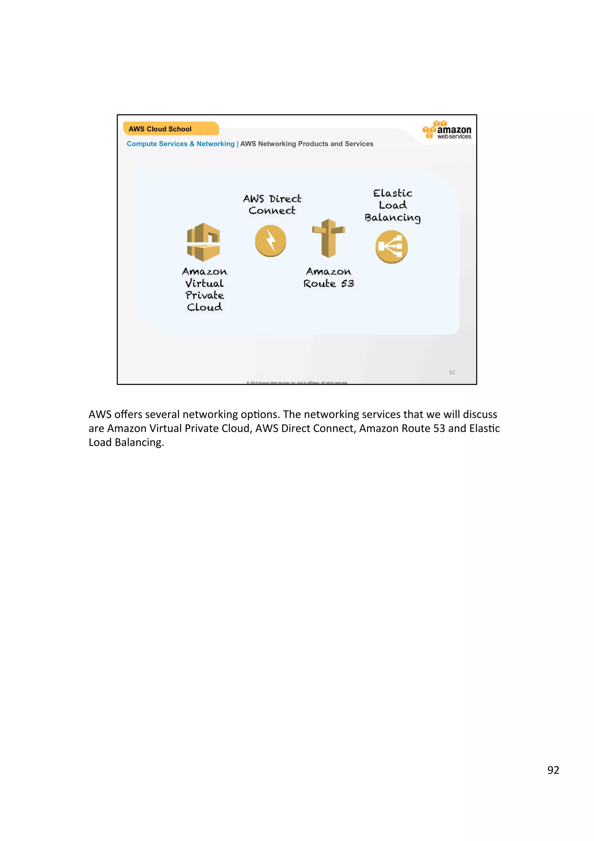 ©	
  2013,	
  2014	
  Amazon	
  Web	
  Services,	
  Inc.	
  and	
  its	
  aﬃliates.	
  All	
  rights	
  reserved.	
  
AWS Cloud School Training and
Certification
Compute Services & Networking | Amazon Auto Scaling Cont.
Elastic Capacity
1
Ease of Use
2
Cost Savings
3
Actions
5
Geographic
4
 