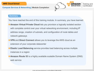© 2013, 2014 Amazon Web Services, Inc. and its affiliates. All rights reserved.
AWS Cloud School
Summary
Compute Services & Networking | Module Completion
You have reached the end of this training module. In summary, you have learned:
Amazon Virtual Private Cloud lets you provision a logically isolated section
with complete control over your virtual networking environment, including IP
address range, creation of subnets, and configuration of route tables and
network gateways
VPN and Direct Connect allows you to leverage the AWS cloud as an
extension of your corporate datacenter
Elastic Load Balancing service provides load balancing across multiple
instances in a region
Amazon Route 53 is a highly available scalable Domain Name System (DNS)
web service
 