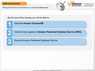 © 2013, 2014 Amazon Web Services, Inc. and its affiliates. All rights reserved.
AWS Cloud School
Managed Services & Database | Learning Objectives
1 Describe Amazon DynamoDB.
2 Verify the key aspects of Amazon Relational Database Service (RDS).
Execute Amazon Relational Database Service.
3
By the end of this training you will be able to:
 