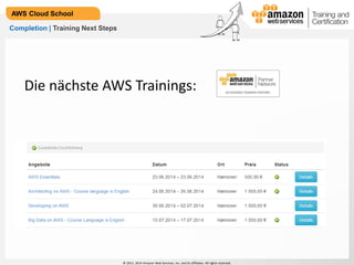 © 2013, 2014 Amazon Web Services, Inc. and its affiliates. All rights reserved.
AWS Cloud School
Completion | Training Next Steps
Die nächste AWS Trainings:
 