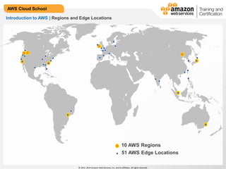 © 2013, 2014 Amazon Web Services, Inc. and its affiliates. All rights reserved.
AWS Cloud School
Introduction to AWS | Regions and Edge Locations
10 AWS Regions
51 AWS Edge Locations
 