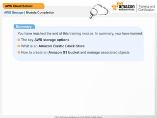 © 2013, 2014 Amazon Web Services, Inc. and its affiliates. All rights reserved.
AWS Cloud School
AWS Storage | Module Completion
Summary
You have reached the end of this training module. In summary, you have learned:
The key AWS storage options
What is an Amazon Elastic Block Store
How to create an Amazon S3 bucket and manage associated objects
 