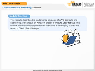 © 2013, 2014 Amazon Web Services, Inc. and its affiliates. All rights reserved.
AWS Cloud School
Compute Services & Networking | Overview
Module Overview
This module describes the fundamental elements of AWS Compute and
Networking, with a focus on Amazon Elastic Compute Cloud (EC2). This
module will build off what you learned in Module 2 by verifying how to use
Amazon Elastic Block Storage.
 