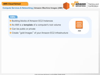 © 2013, 2014 Amazon Web Services, Inc. and its affiliates. All rights reserved.
AWS Cloud School
Compute Services & Networking | Amazon Machine Images (AMI)
AMIs
Building blocks of Amazon EC2 Instances
An AMI is a template of a computer's root volume
Can be public or private
Create “gold Images” of your Amazon EC2 infrastructure
AMI
 
