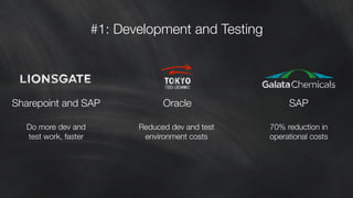 70% reduction in 
operational costs
#1: Development and Testing
Do more dev and
test work, faster
Sharepoint and SAP SAP
Reduced dev and test
environment costs
Oracle
 