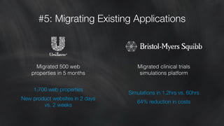 #5: Migrating Existing Applications
Migrated 500 web
properties in 5 months
1,700 web properties
New product websites in 2 days
vs. 2 weeks
Migrated clinical trials
simulations platform
Simulations in 1.2hrs vs. 60hrs
64% reduction in costs
 
