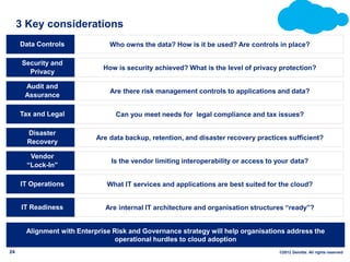 3 Key considerations
     Data Controls              Who owns the data? How is it be used? Are controls in place?

      S...