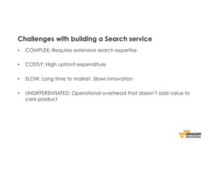 Challenges with building a Search service
•  COMPLEX: Requires extensive search expertise
•  COSTLY: High upfront expenditure
•  SLOW: Long time to market. Slows innovation
•  UNDIFFERENTIATED: Operational overhead that doesn’t add value to
core product
 