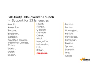 2014年3月 CloudSearch Launch
Arabic,
Armenian,
Basque,
Bulgarian,
Catalan,
Simplified Chinese,
Traditional Chinese,
Czech,
Danish,
Dutch,
English,
Finnish,
French,
Galician,
German,
Greek,
Hindi,
Hungarian,
Indonesian,
Irish,
Italian,
Japanese,
Korean,
Latvian,
Norwegian,
Persian,
Portuguese,
Romanian,
Russian,
Spanish,
Swedish,
Thai,
Turkish
•  Support  for  33  languages
 