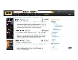 Simple Queries
Movies > Sci-Fi/Fantasy > 2008 to 2010 > Downey > "Iron"
 