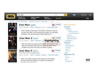 Movies > Sci-Fi/Fantasy > 2008 to 2010 > Downey > "Iron"
Highlighting
 