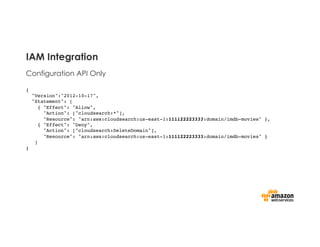 IAM Integration
Configuration API Only
{!
"Version":"2012-10-17",!
"Statement": [!
{ "Effect": "Allow", 
"Action": ["cloudsearch:*"], 
"Resource": "arn:aws:cloudsearch:us-east-1:111122223333:domain/imdb-movies" },!
{ "Effect": "Deny",!
"Action": ["cloudsearch:DeleteDomain"],!
"Resource": "arn:aws:cloudsearch:us-east-1:111122223333:domain/imdb-movies" }!
]!
}!
 