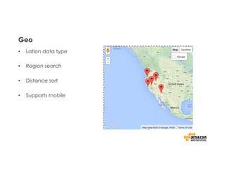 Geo
•  Latlon data type
•  Region search
•  Distance sort
•  Supports mobile
 