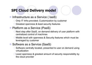 SPI Cloud Delivery model
Infrastructure as a Service ( IaaS)
  Only IT Infra provided; Customization by customer
  Greatest openness & least security features
Platform as a Service (PaaS)
  Next step after SaaS, on demand delivery of user platform with
  centralized control of machines
  Middle level with openness & Security features which must be
  leveraged by customer
Software as a Service (SaaS)
  Software centrally located, presented to user on demand using
  virtualization
  Least openness & greatest amount of security responsibility by
  the cloud provider
 